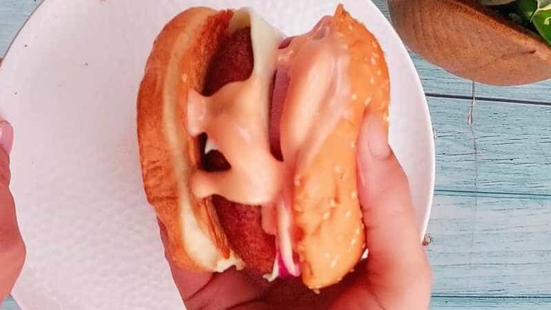 McDonald’s style aloo tikki burger with lettuce and cheese slice